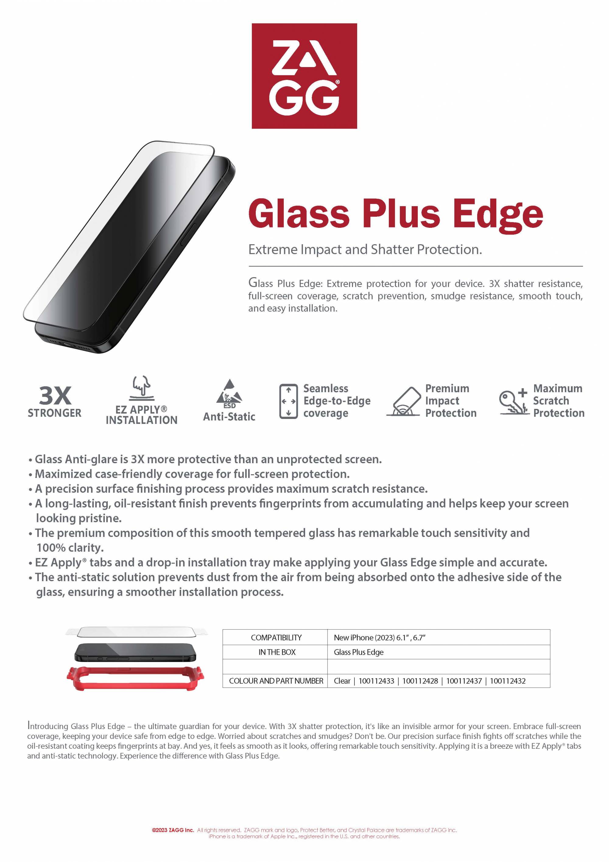 ZAGG Glass Plus Edge Clear Tempered Glass for iPhone 15 Series