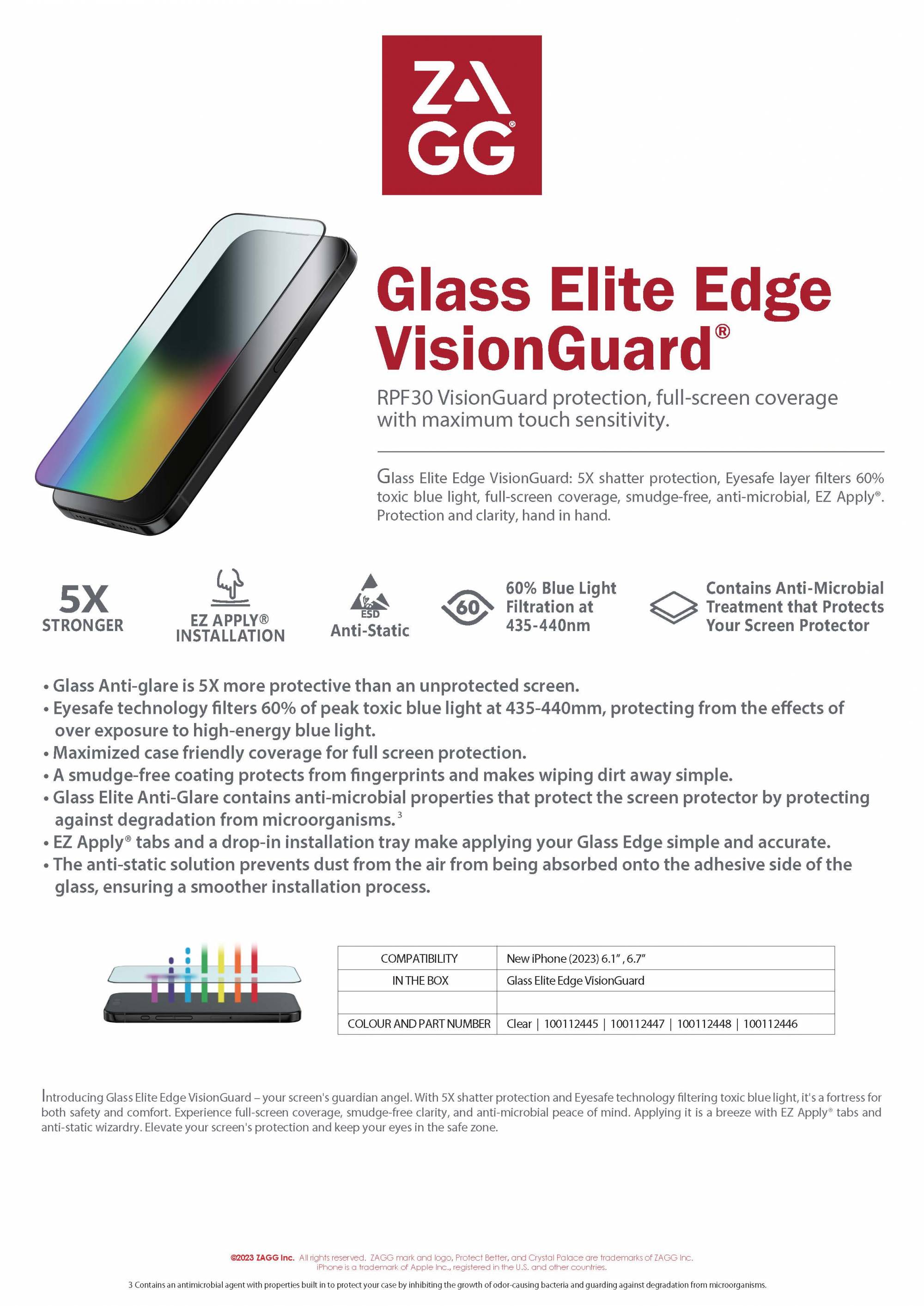 ZAGG Glass Elite Edge RPF30 VG AM Tempered Glass for iPhone 15 Series