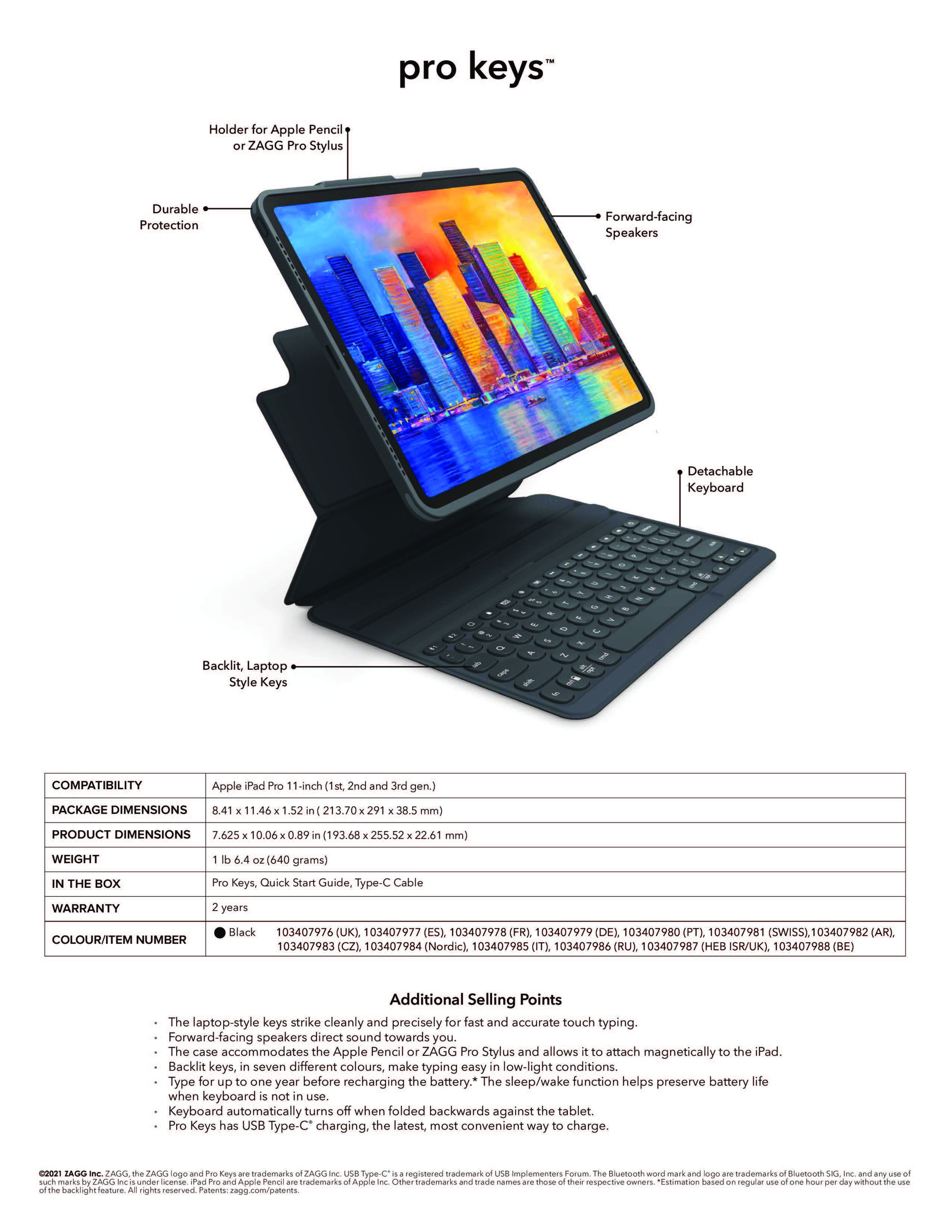 Zagg Pro Keys Wireless Keyboard & Detachable Case For iPad Pro 11" (1st