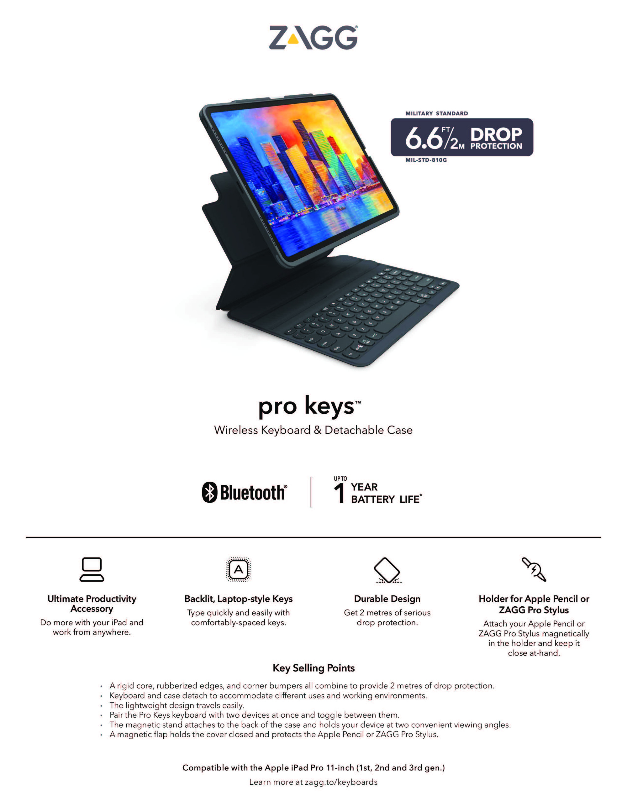 Zagg Pro Keys Wireless Keyboard & Detachable Case For iPad Pro 11" (1st