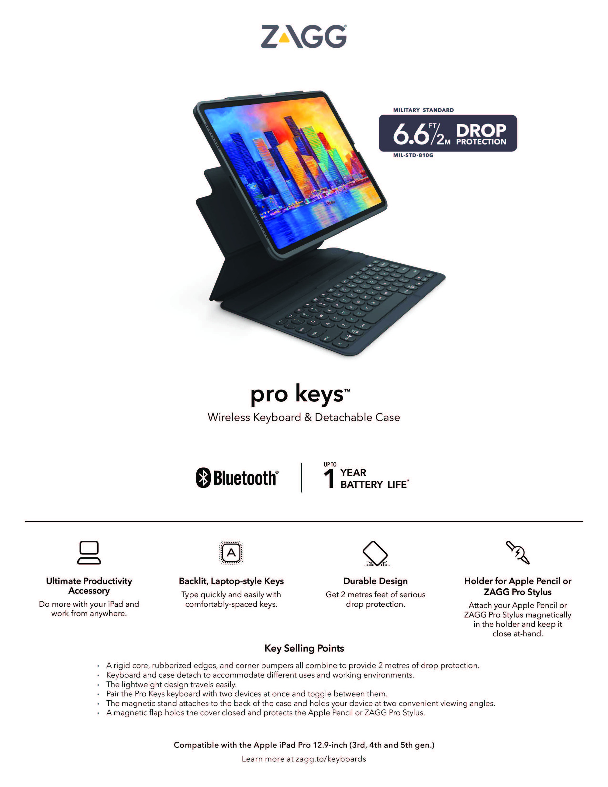 Zagg Pro Keys Wireless Keyboard & Detachable Case For iPad Pro 12.9