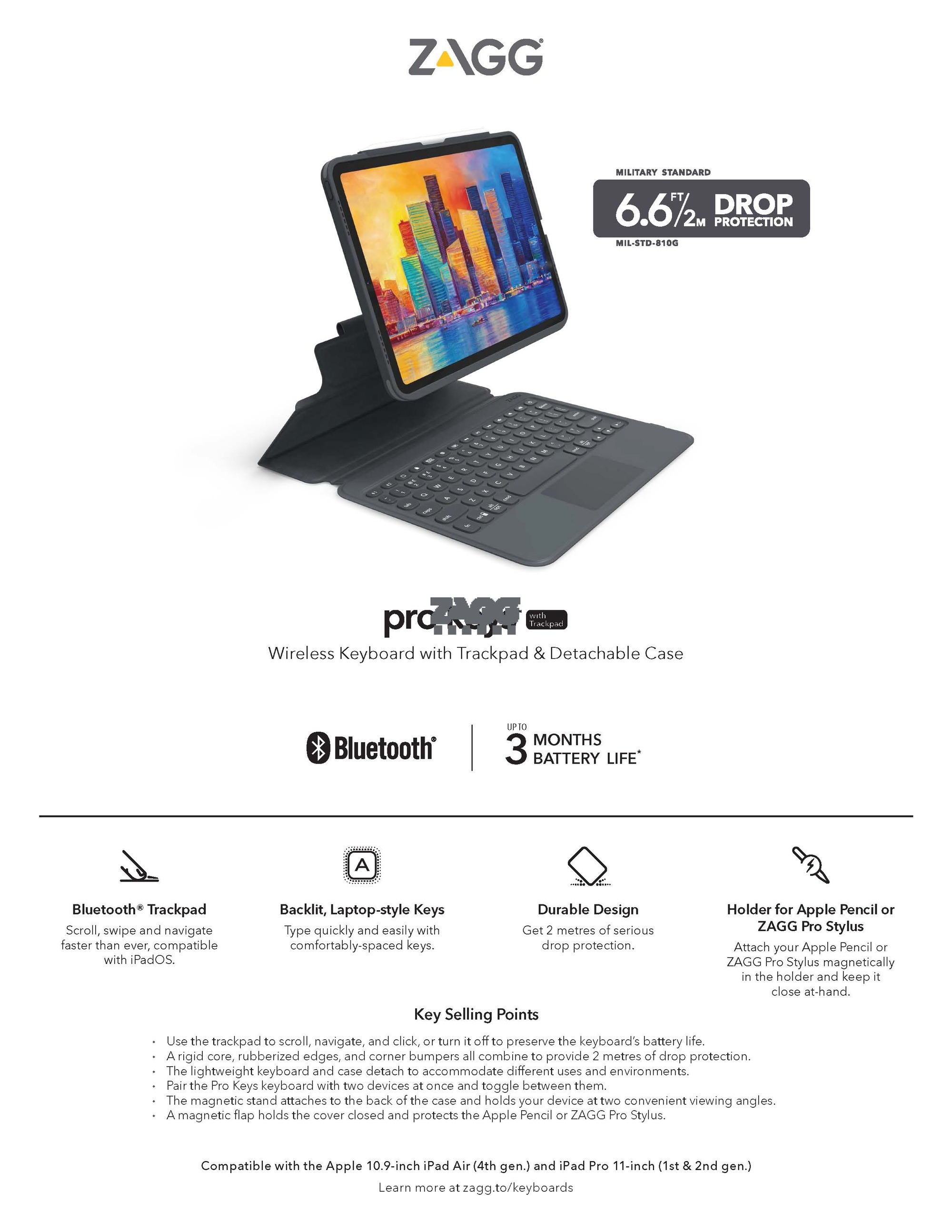 Zagg Pro Keys Wireless Keyboard With Trackpad & Detachable Case For