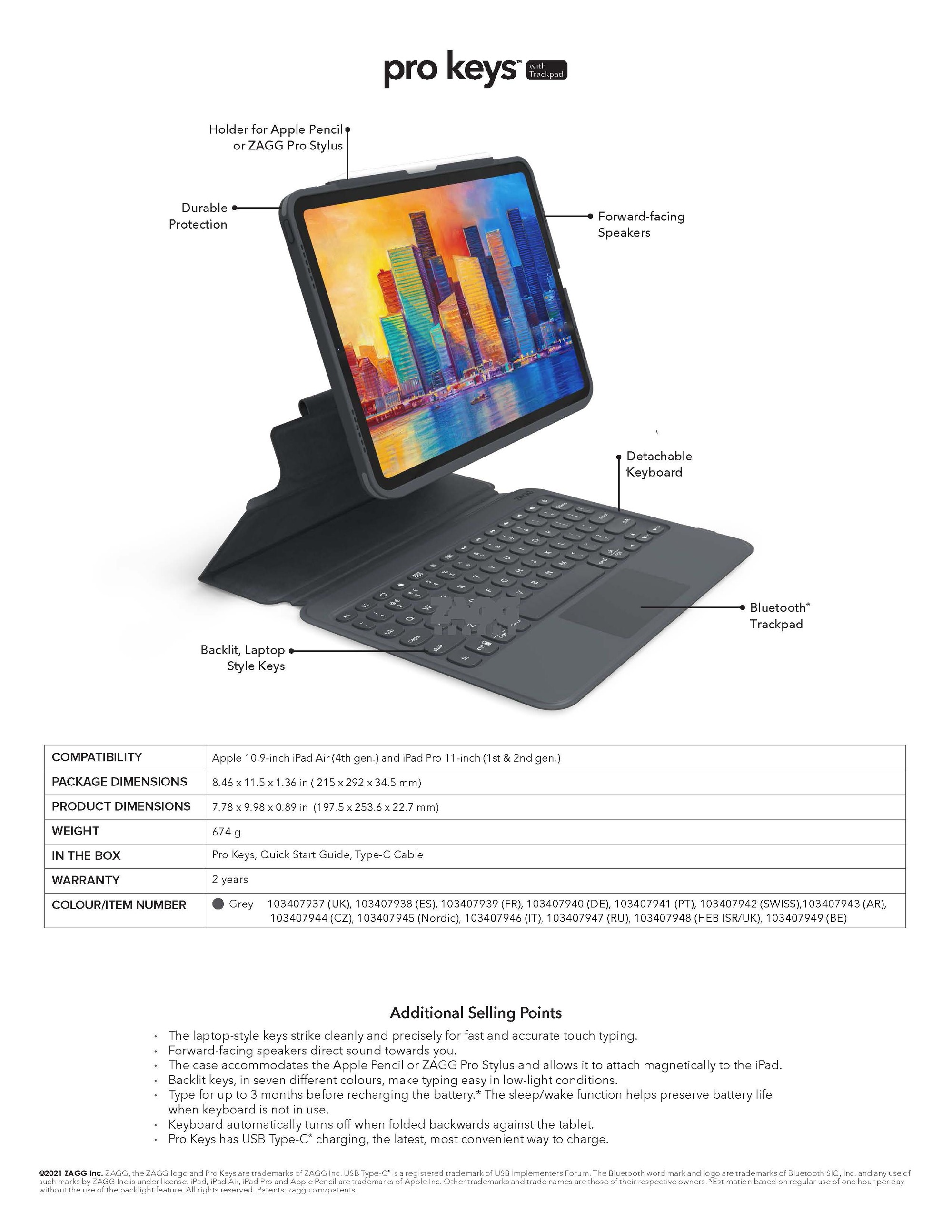 Zagg Pro Keys Wireless Keyboard With Trackpad & Detachable Case For