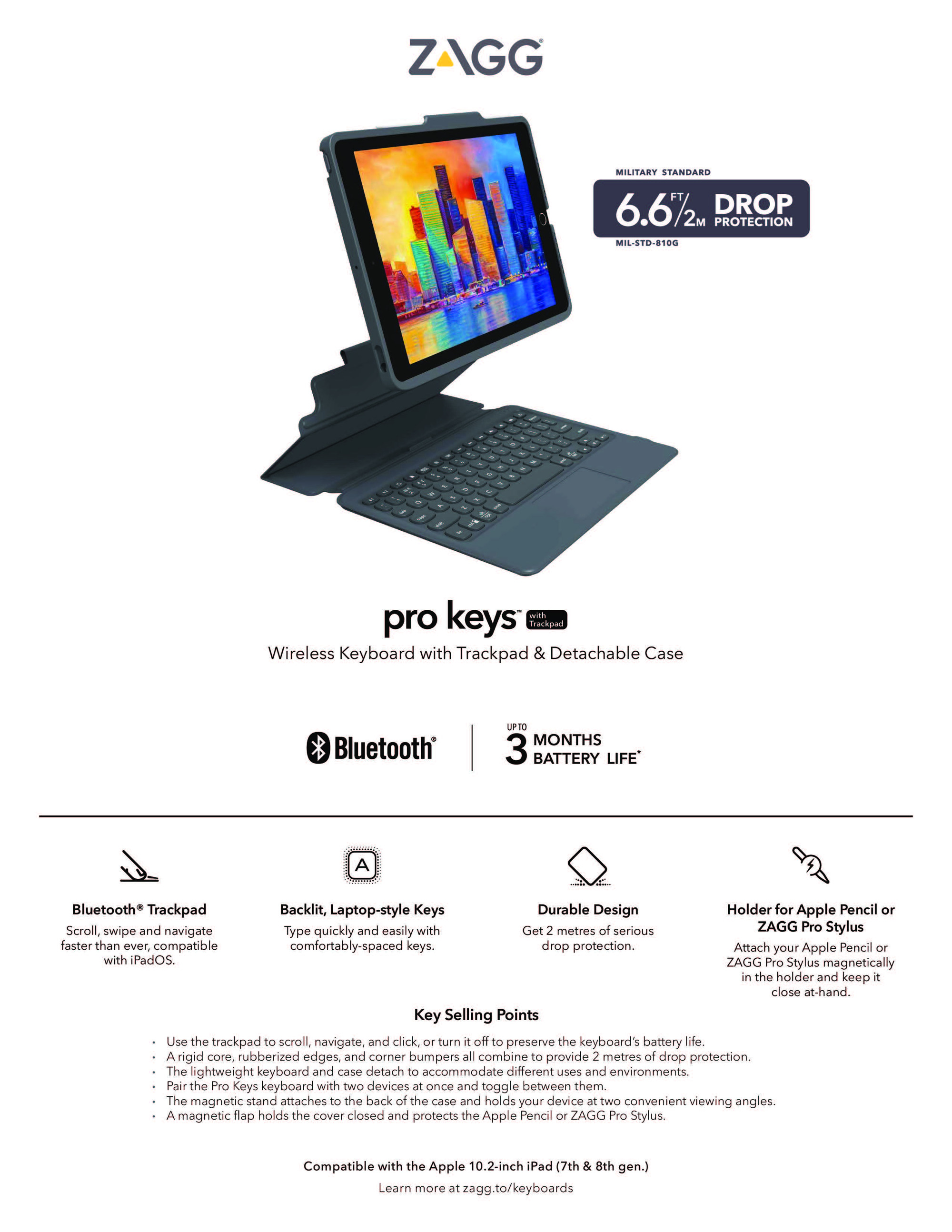 Zagg Pro Keys Wireless Keyboard With Trackpad & Detachable Case For