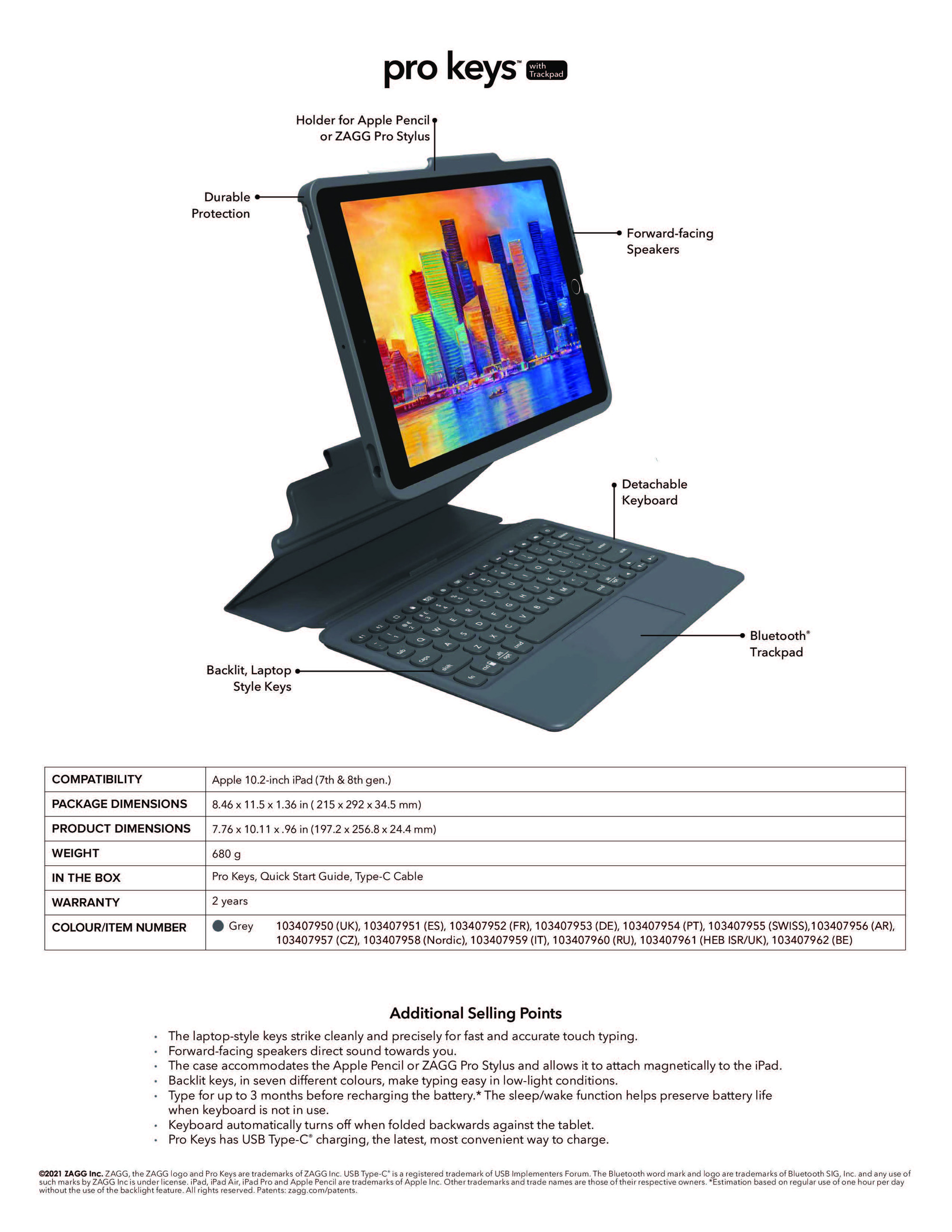 Zagg Pro Keys Wireless Keyboard With Trackpad & Detachable Case For